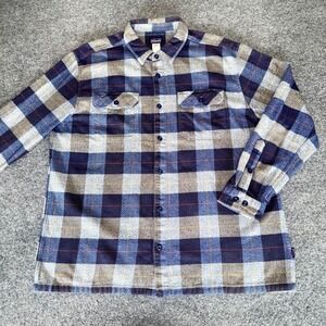 Patagonia Fjord Flannel Shirt Mens XL Blue Plaid Organic Cotton Button Up Warm